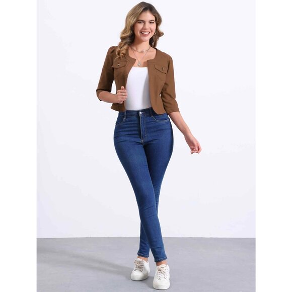 Women's Jean Jacket Slim Fit Casual Denim Jacket 3/4 Sleeves Outwear Brown - Picture 3 of 5